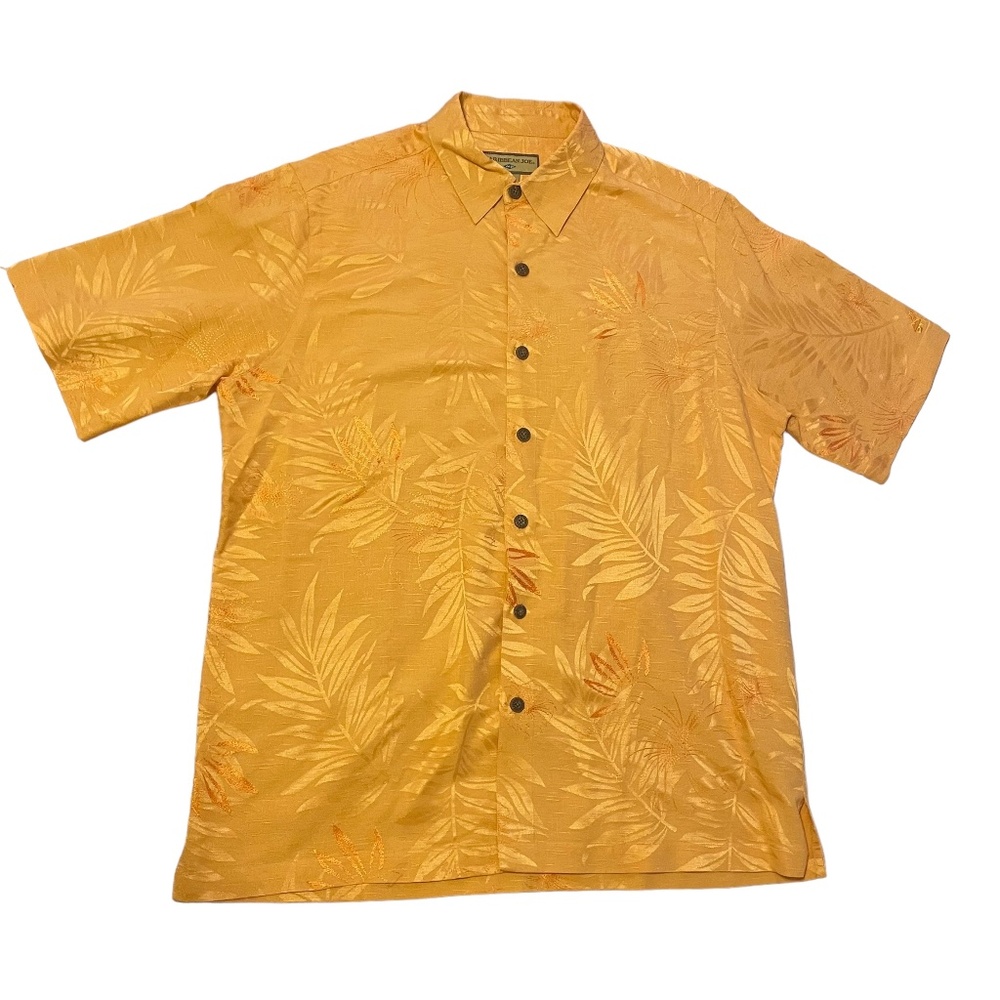 Caribbean Joe Silk Hawaiian Shirt Metallic Orange Palm‎ Size M